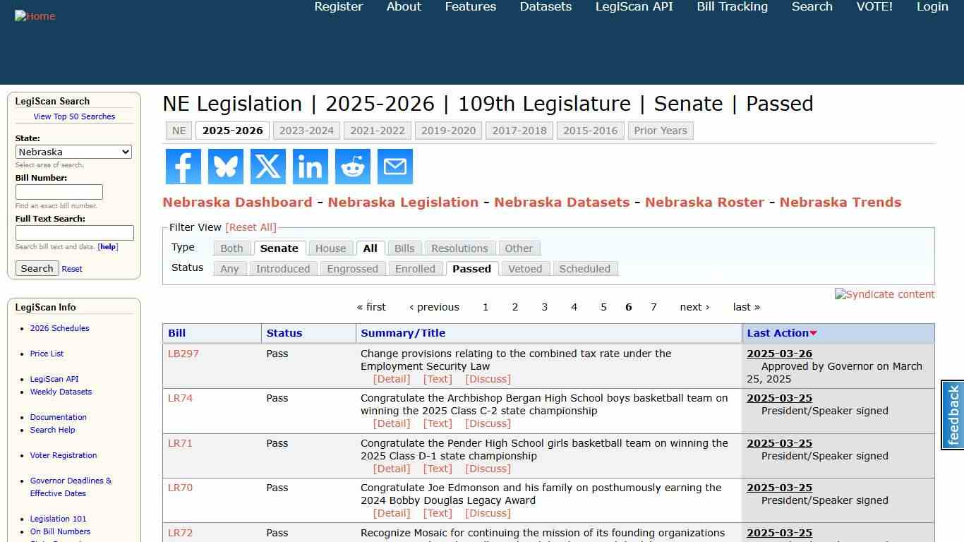 NE Legislation 2025-2026 109th Legislature Senate Passed LegiScan
